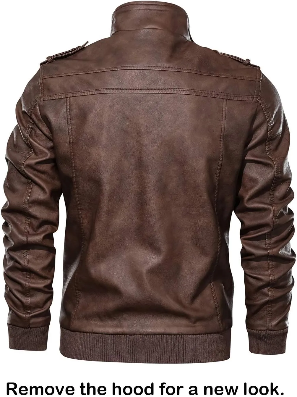 HOOD CREW Men’s Casual Stand Collar PU Faux Leather Zip-Up Motorcycle Bomber Jacket With a Removable Hood