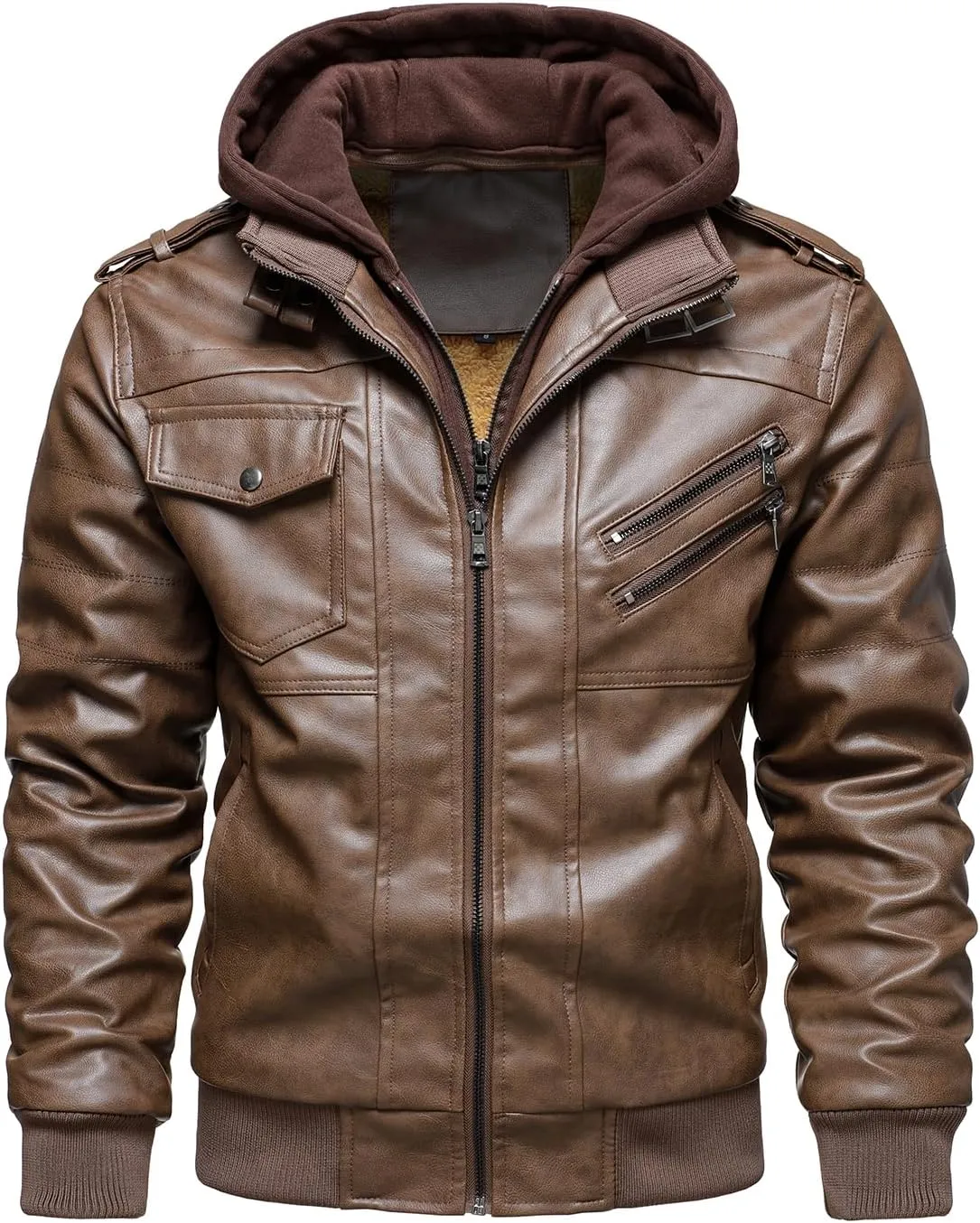 HOOD CREW Men’s Casual Stand Collar PU Faux Leather Zip-Up Motorcycle Bomber Jacket With a Removable Hood