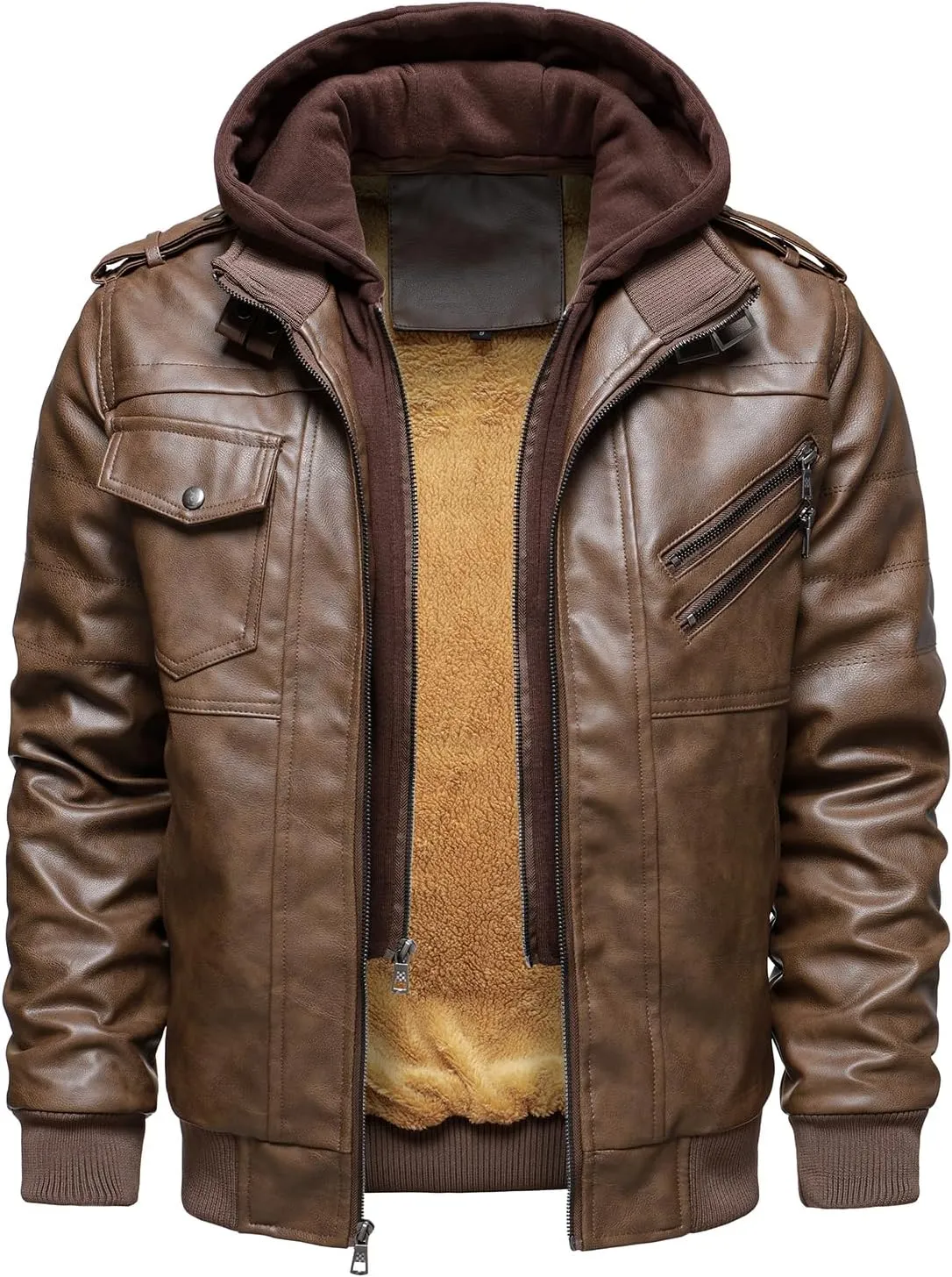 HOOD CREW Men’s Casual Stand Collar PU Faux Leather Zip-Up Motorcycle Bomber Jacket With a Removable Hood