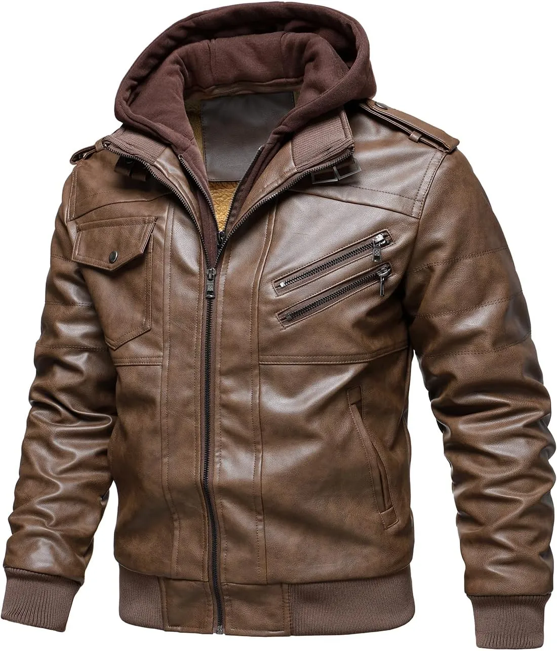 HOOD CREW Men’s Casual Stand Collar PU Faux Leather Zip-Up Motorcycle Bomber Jacket With a Removable Hood