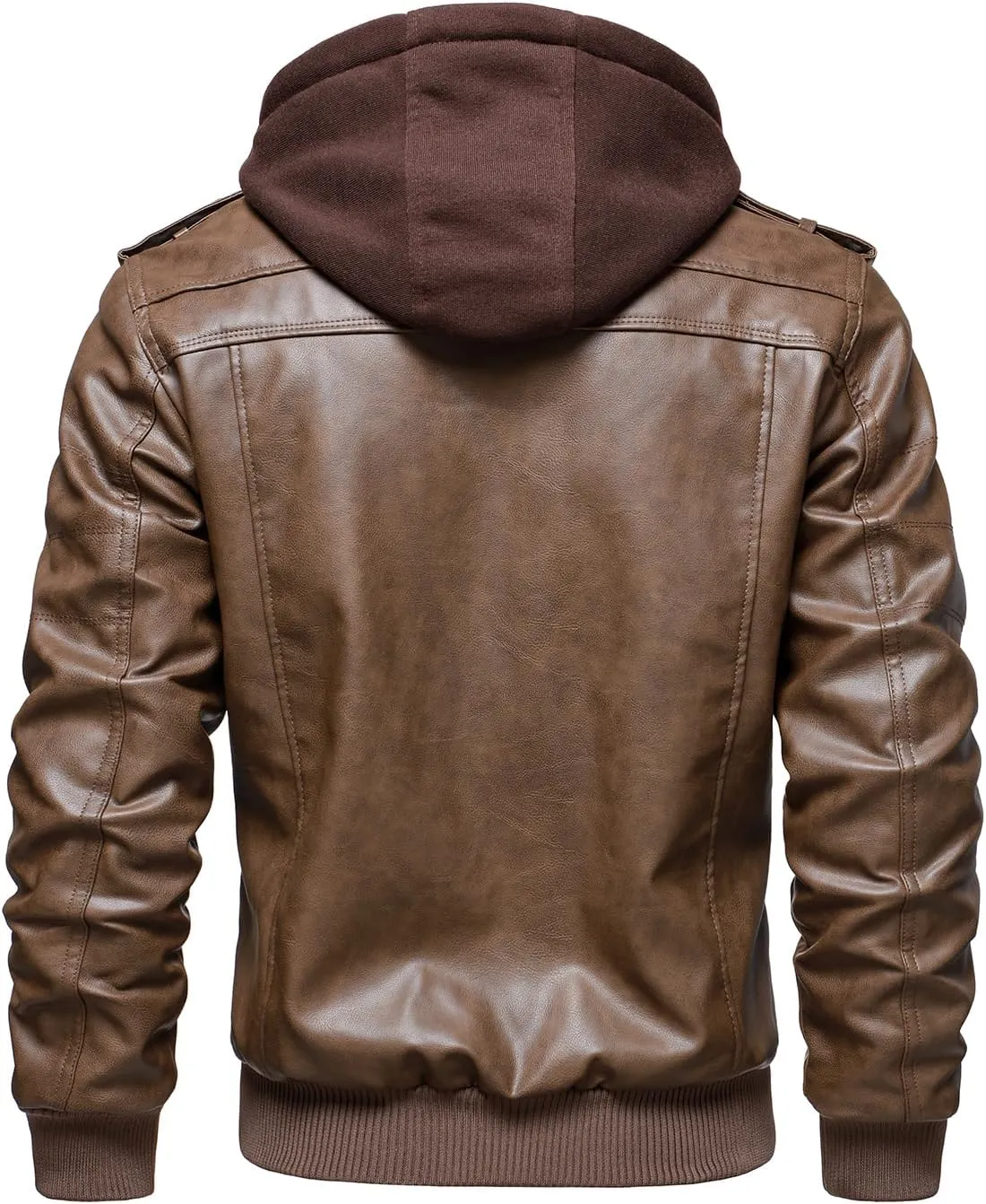 HOOD CREW Men’s Casual Stand Collar PU Faux Leather Zip-Up Motorcycle Bomber Jacket With a Removable Hood