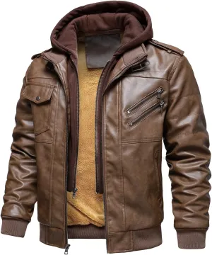 HOOD CREW Men’s Casual Stand Collar PU Faux Leather Zip-Up Motorcycle Bomber Jacket With a Removable Hood