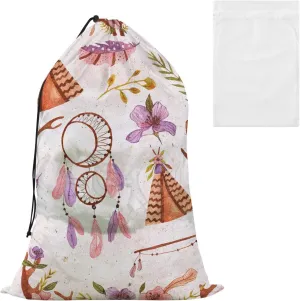Horns and Flowers Feathers Arrows Laundry Bags, Drawstring Closure Dirty Clothes Bag Organizer, Heavy Duty Large Laundry Bag Storage, Rip-Stop Bags for Camp Travel, Machine Washable 24 x 35.8 Inch