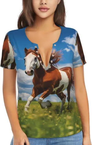 Horses of The Prairie Printed Women's Slim deep V-Neck Short-Sleeved, Yoga Running Training Clothes