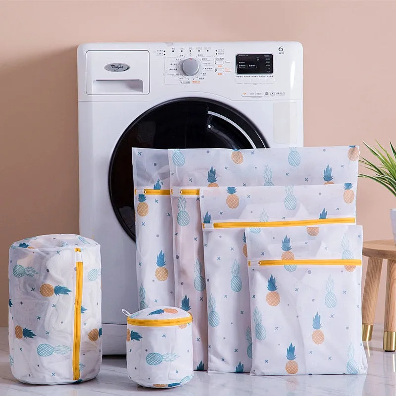 HULIANFU Pineapple Printing Zippered Mesh Laundry Bag Polyester Washing Net Bag For Underwear Sock Washing Machine Pouch Clothes Bra Bags