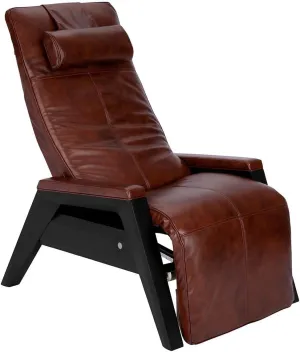 Human Touch Gravis ZG Zero Gravity Leather Massage Chair Recliner with Air Massage and Heat - Black Wood - Saddle Dark Brown Leather