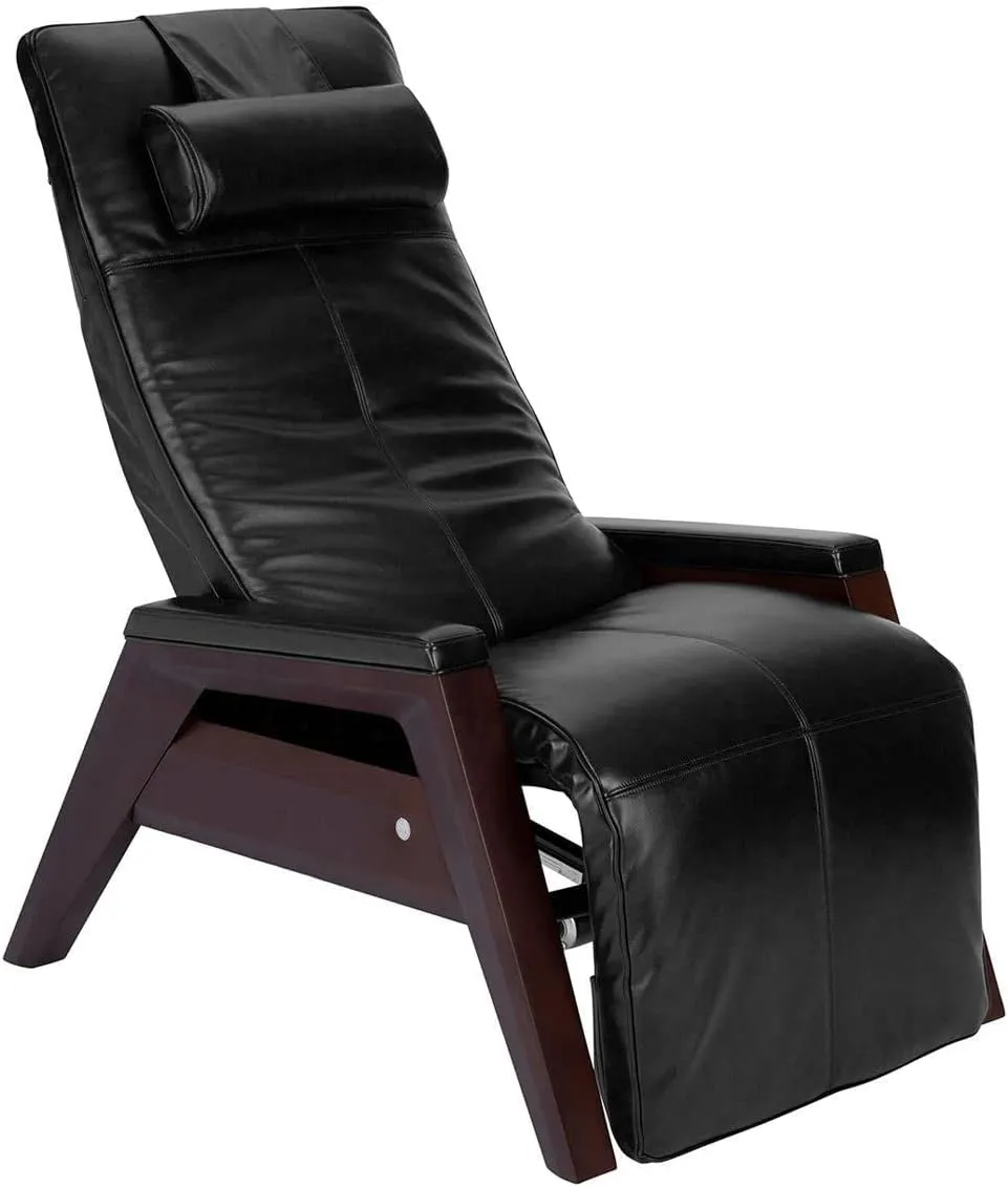 Human Touch Gravis ZG Zero Gravity Leather Massage Chair Recliner with Air Massage and Heat - Mahogany Wood - Black Leather