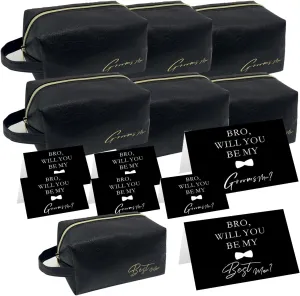 HXYCNNA 7 Sets Groomsmen Gifts Toiletry Bag Leather Cosmetic Bags Groomsmen Gift Water Resistant Toiletry Case with Zipper Shaving Bag Bowknot Greeting Card for Wedding Gift Bag (Black)