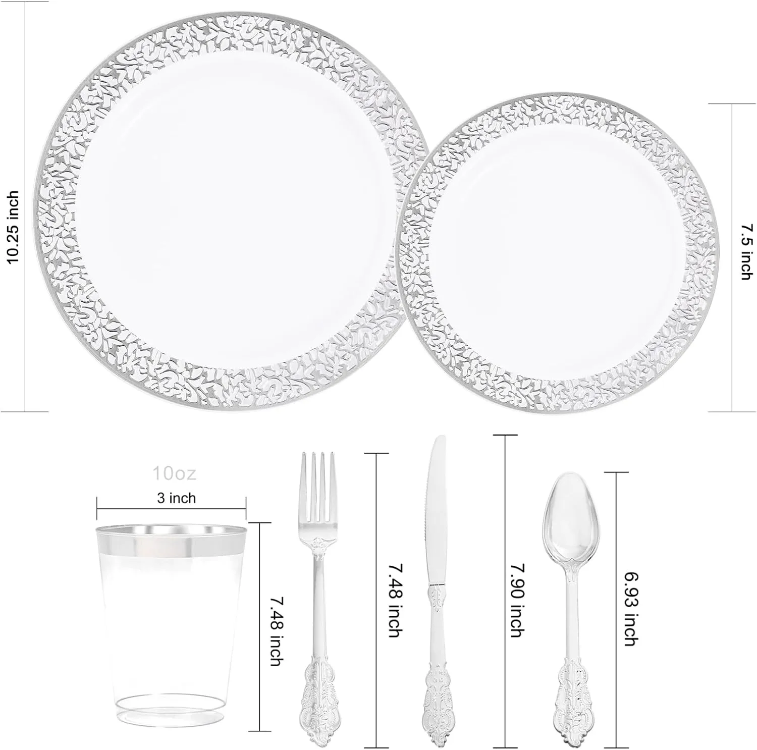I00000 150PCS Silver Plastic Plates, Disposable Silverware & Plastic Silver Cups, Silver Rim Plastic Tableware include 25 Dinner Plates, 25 Dessert Plates, 25 Tumblers, 25 Forks, 25 Knives, 25 Spoons