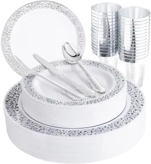 I00000 150PCS Silver Plastic Plates, Disposable Silverware & Plastic Silver Cups, Silver Rim Plastic Tableware include 25 Dinner Plates, 25 Dessert Plates, 25 Tumblers, 25 Forks, 25 Knives, 25 Spoons