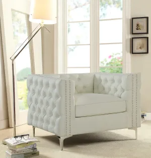 Iconic Home Da Vinci Accent Club Chair PU Leather Button Tufted with Silver Nail Head Trim Silvertone Metal Y-Leg, Modern Contemporary, Cream