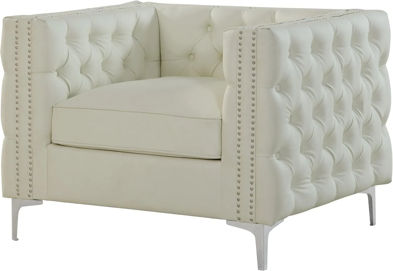 Iconic Home Da Vinci Accent Club Chair PU Leather Button Tufted with Silver Nail Head Trim Silvertone Metal Y-Leg, Modern Contemporary, Cream