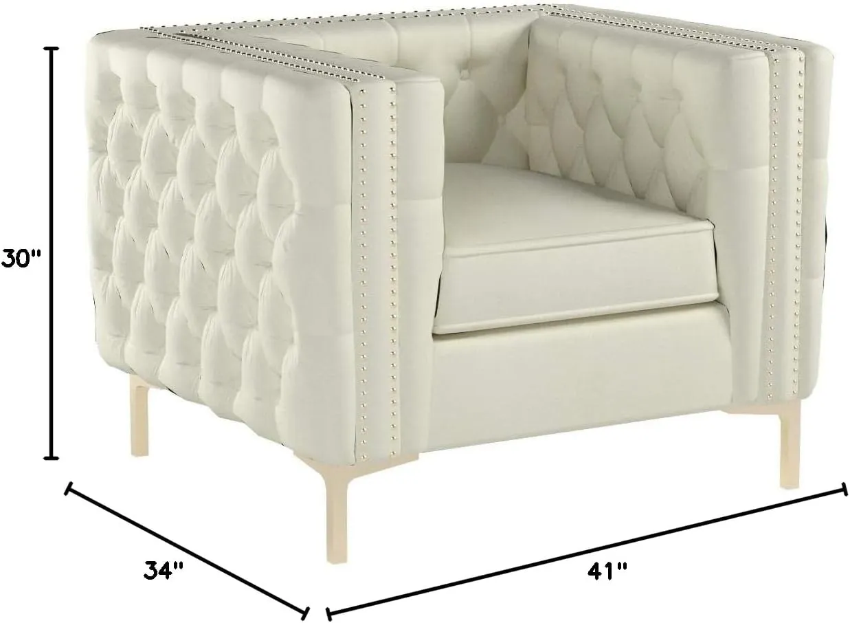 Iconic Home Da Vinci Accent Club Chair PU Leather Button Tufted with Silver Nail Head Trim Silvertone Metal Y-Leg, Modern Contemporary, Cream