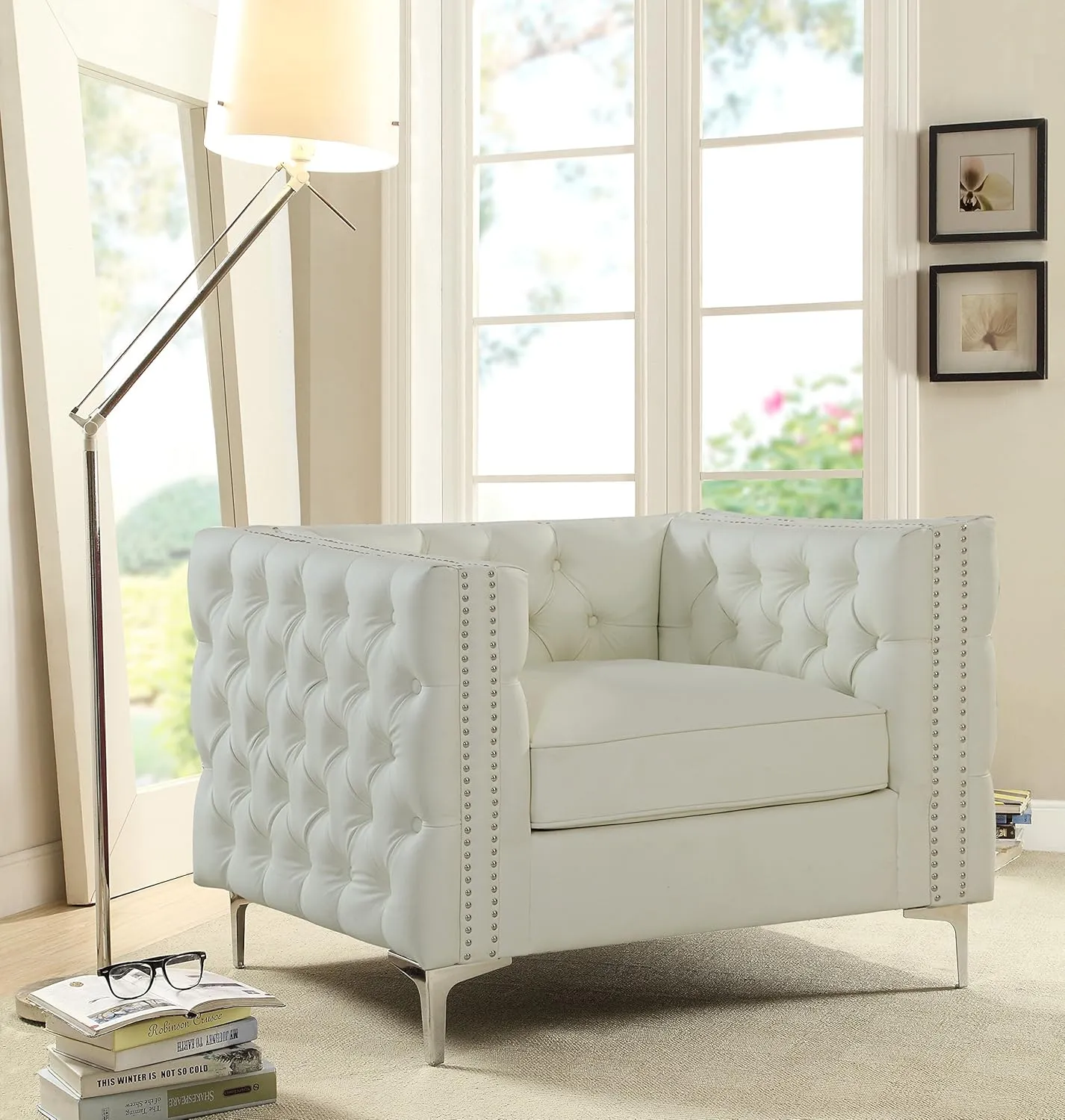 Iconic Home Da Vinci Accent Club Chair PU Leather Button Tufted with Silver Nail Head Trim Silvertone Metal Y-Leg, Modern Contemporary, Cream