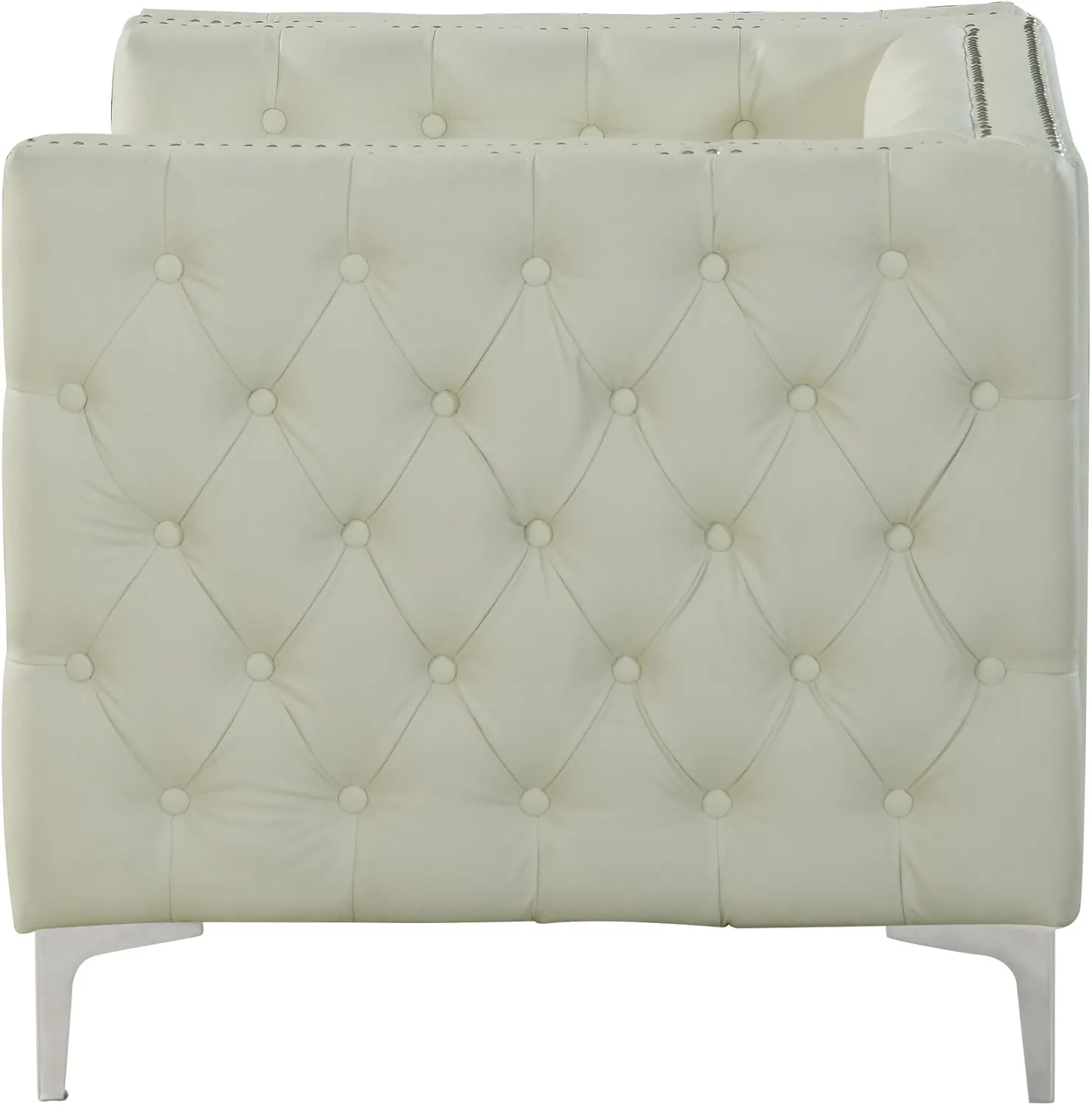 Iconic Home Da Vinci Accent Club Chair PU Leather Button Tufted with Silver Nail Head Trim Silvertone Metal Y-Leg, Modern Contemporary, Cream