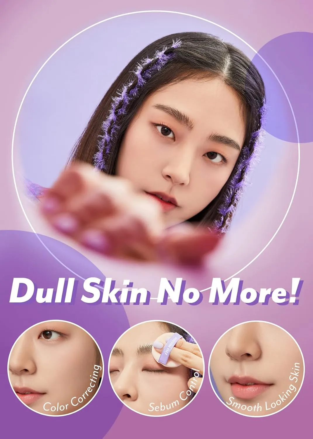 I'M MEME Compact - Purple Cotton Tone Control Pact | Korean Pressed Setting Powder With Berry Complex, Mineral, Translucent, for Blurring Effect, Makeup Compact, Mother's Day, 0.35 Oz