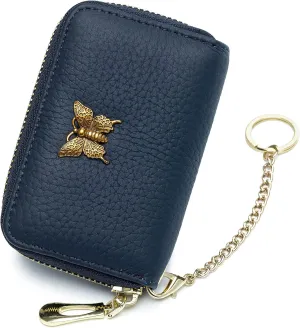 imeetu RFID Credit Card Holder for Women Genuine Leather Card Case Wallet with Zipper and Removable Keychain (Blue)