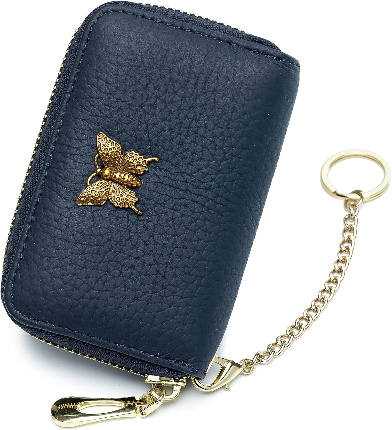 imeetu RFID Credit Card Holder for Women Genuine Leather Card Case Wallet with Zipper and Removable Keychain (Blue)