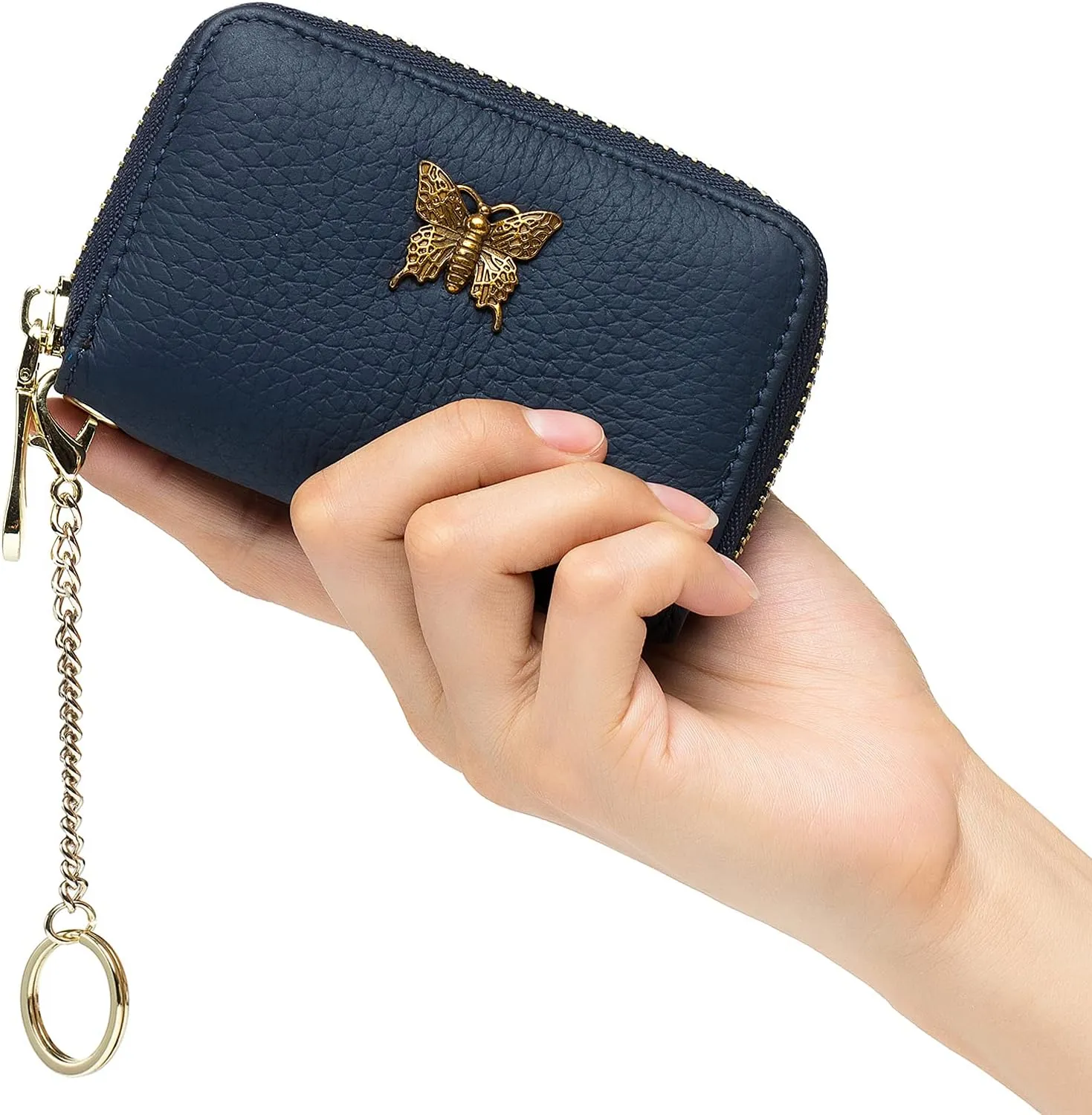 imeetu RFID Credit Card Holder for Women Genuine Leather Card Case Wallet with Zipper and Removable Keychain (Blue)