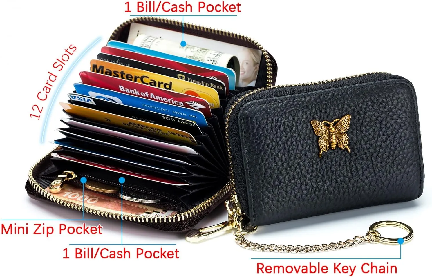 imeetu RFID Credit Card Holder for Women Genuine Leather Card Case Wallet with Zipper and Removable Keychain (Brown)