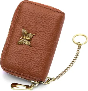 imeetu RFID Credit Card Holder for Women Genuine Leather Card Case Wallet with Zipper and Removable Keychain (Brown)