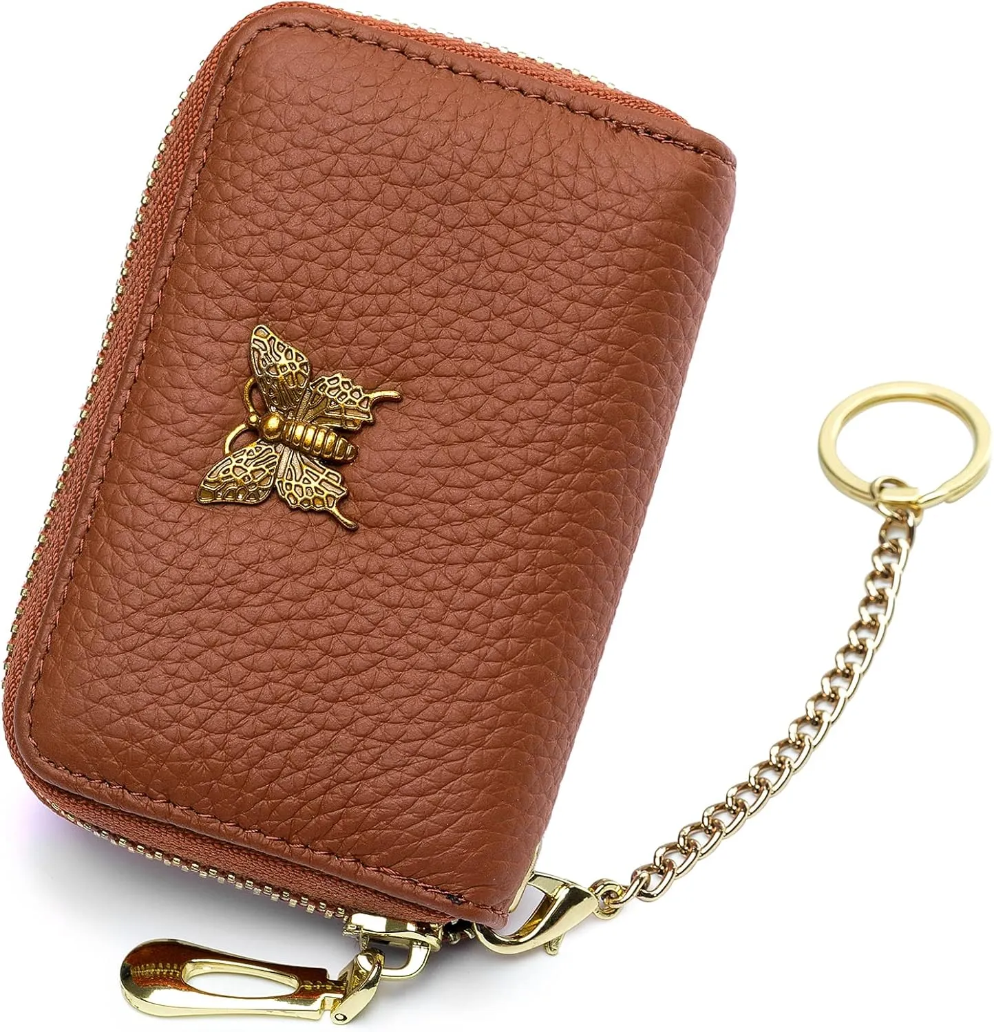 imeetu RFID Credit Card Holder for Women Genuine Leather Card Case Wallet with Zipper and Removable Keychain (Brown)