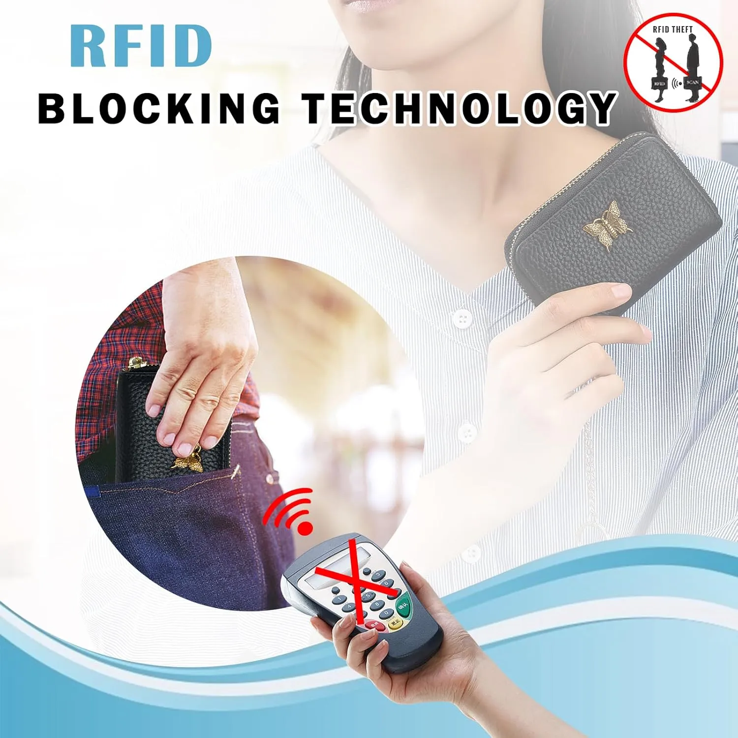 imeetu RFID Credit Card Holder for Women Genuine Leather Card Case Wallet with Zipper and Removable Keychain (Brown)