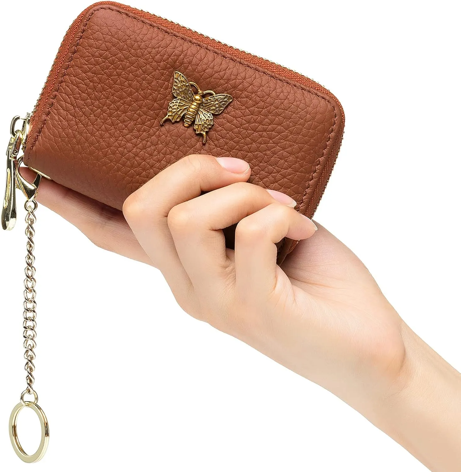 imeetu RFID Credit Card Holder for Women Genuine Leather Card Case Wallet with Zipper and Removable Keychain (Brown)