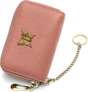 imeetu RFID Credit Card Holder for Women Genuine Leather Card Case Wallet with Zipper and Removable Keychain (Coral Pink)