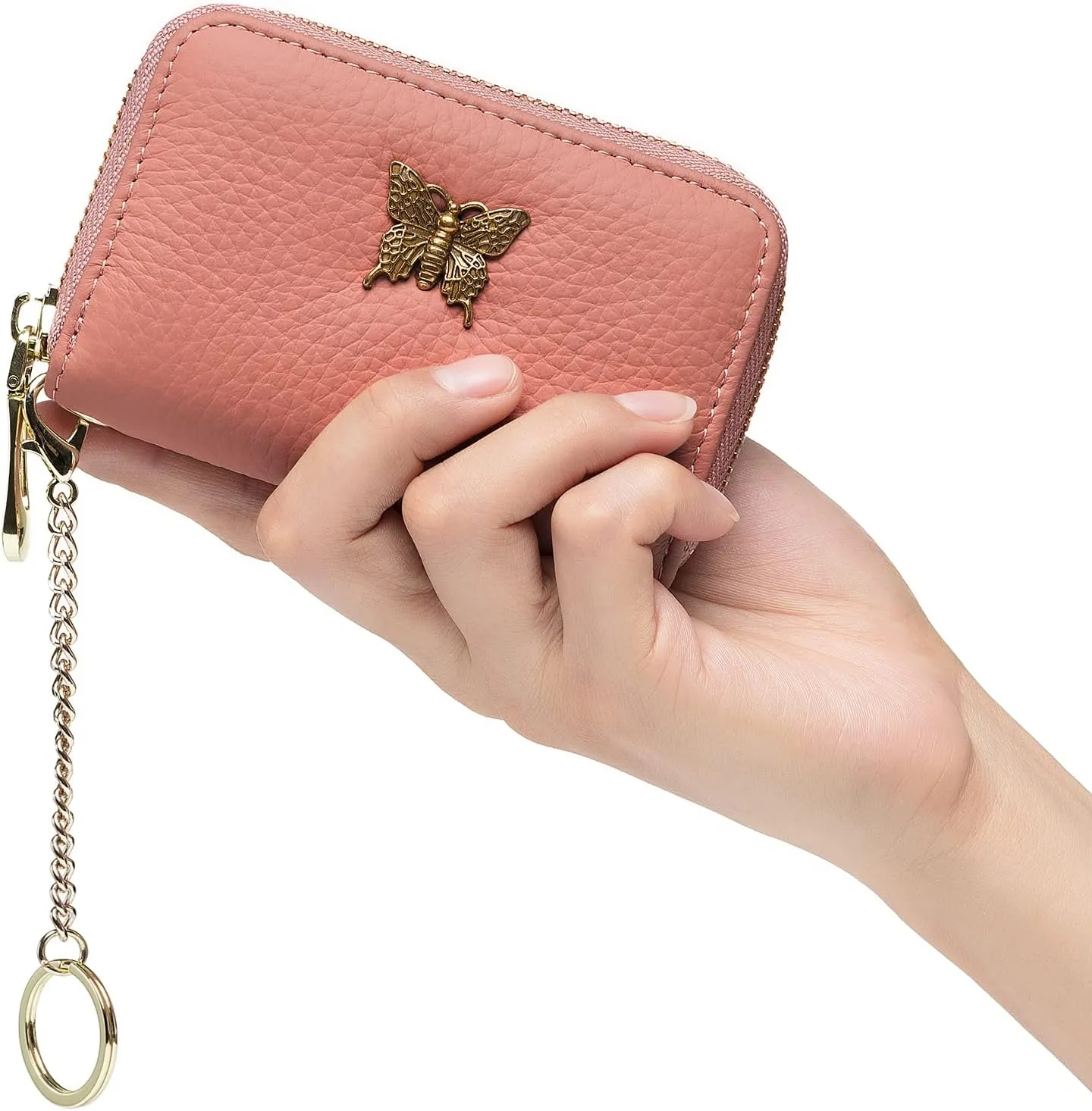 imeetu RFID Credit Card Holder for Women Genuine Leather Card Case Wallet with Zipper and Removable Keychain (Coral Pink)