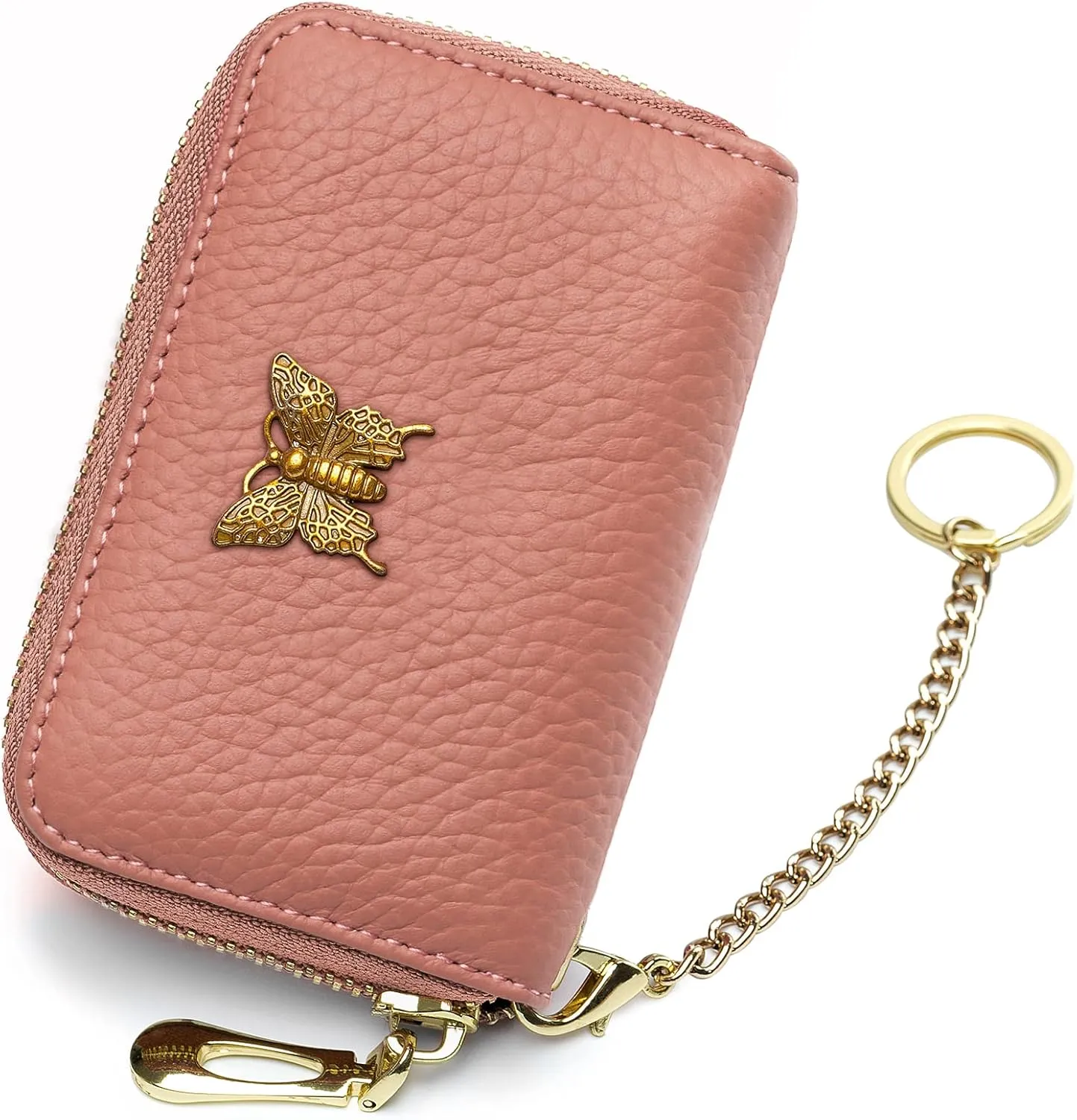 imeetu RFID Credit Card Holder for Women Genuine Leather Card Case Wallet with Zipper and Removable Keychain (Coral Pink)