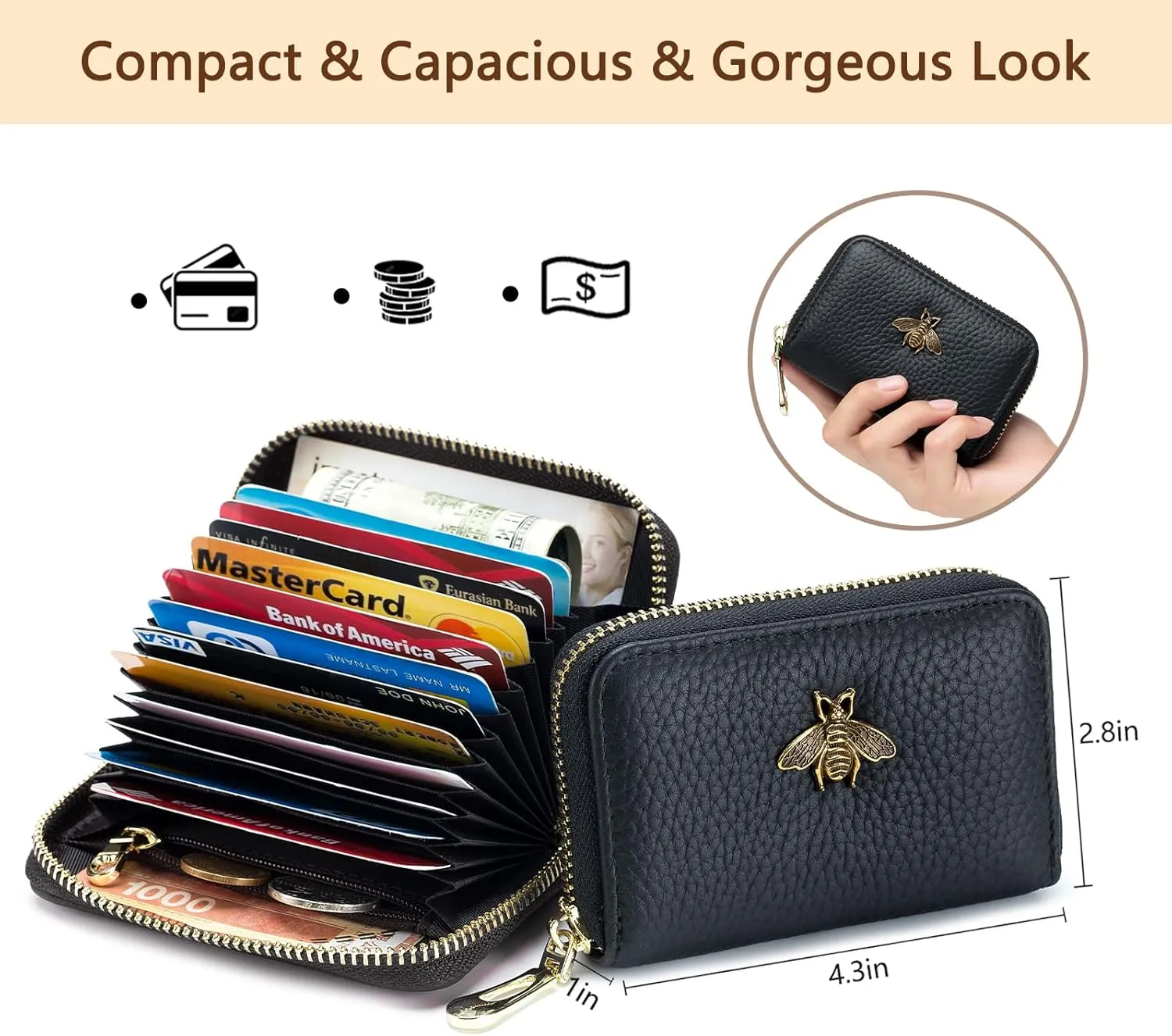 imeetu RFID Credit Card Holder, Small Leather Zipper Card Case Wallet for Women