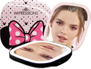 Impressions Vanity Disney Minnie Mouse Compact Mirror with Light, Double Sided Cute Travel Makeup Mirror with Magnification, 3 Color Tone LED Lighting and Touch Control (Black/Pink)