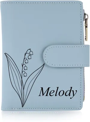 INBLUE Custom Leather Purse for Women Engraved Birth Flower with Name Ladies Wallet Small Tri-Fold Zipper Coin Purse with Wrist Strap Personalized Gift for Mom Mother's Day Birthday 02 - Blue