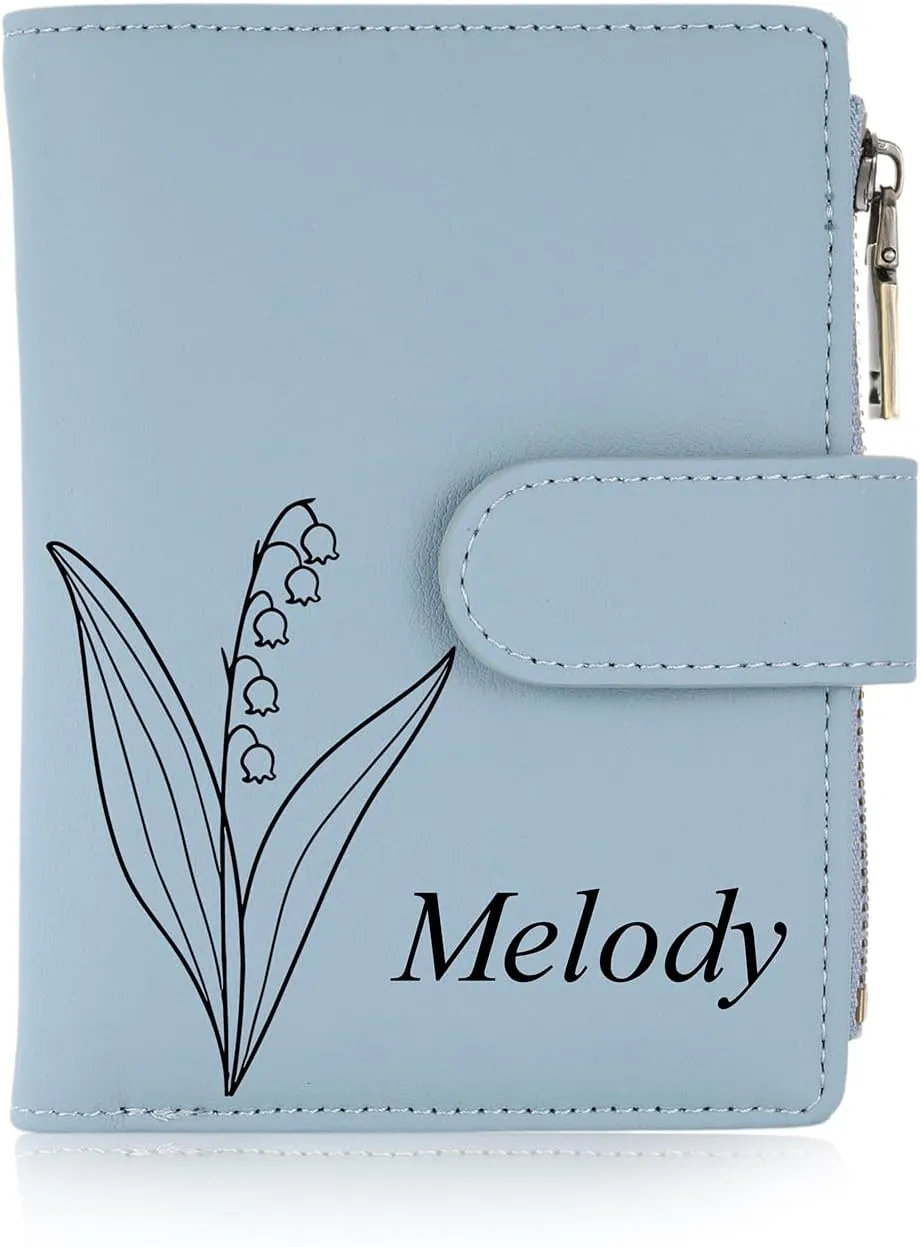 INBLUE Custom Leather Purse for Women Engraved Birth Flower with Name Ladies Wallet Small Tri-Fold Zipper Coin Purse with Wrist Strap Personalized Gift for Mom Mother's Day Birthday 02 - Blue