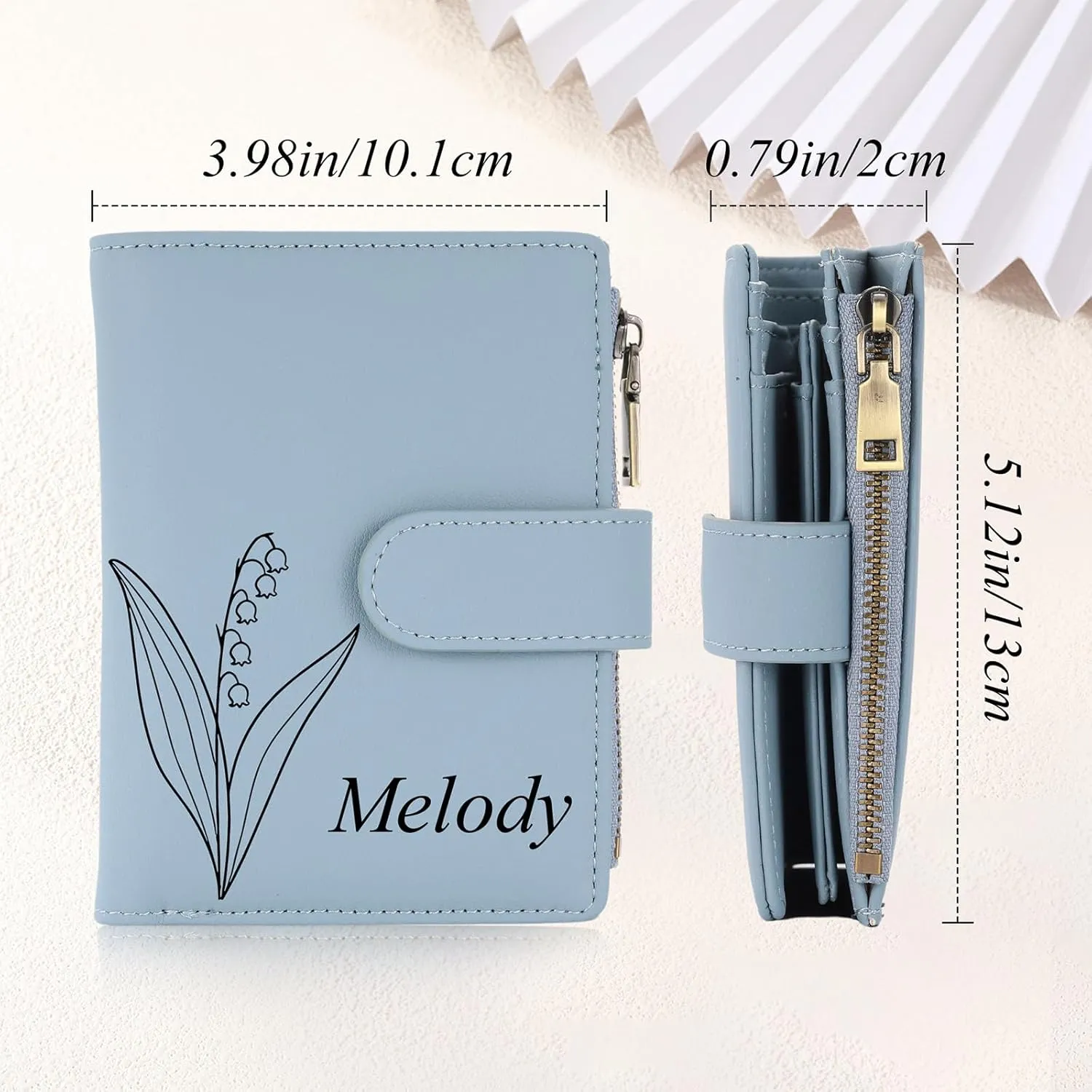 INBLUE Custom Leather Purse for Women Engraved Birth Flower with Name Ladies Wallet Small Tri-Fold Zipper Coin Purse with Wrist Strap Personalized Gift for Mom Mother's Day Birthday 02 - Blue