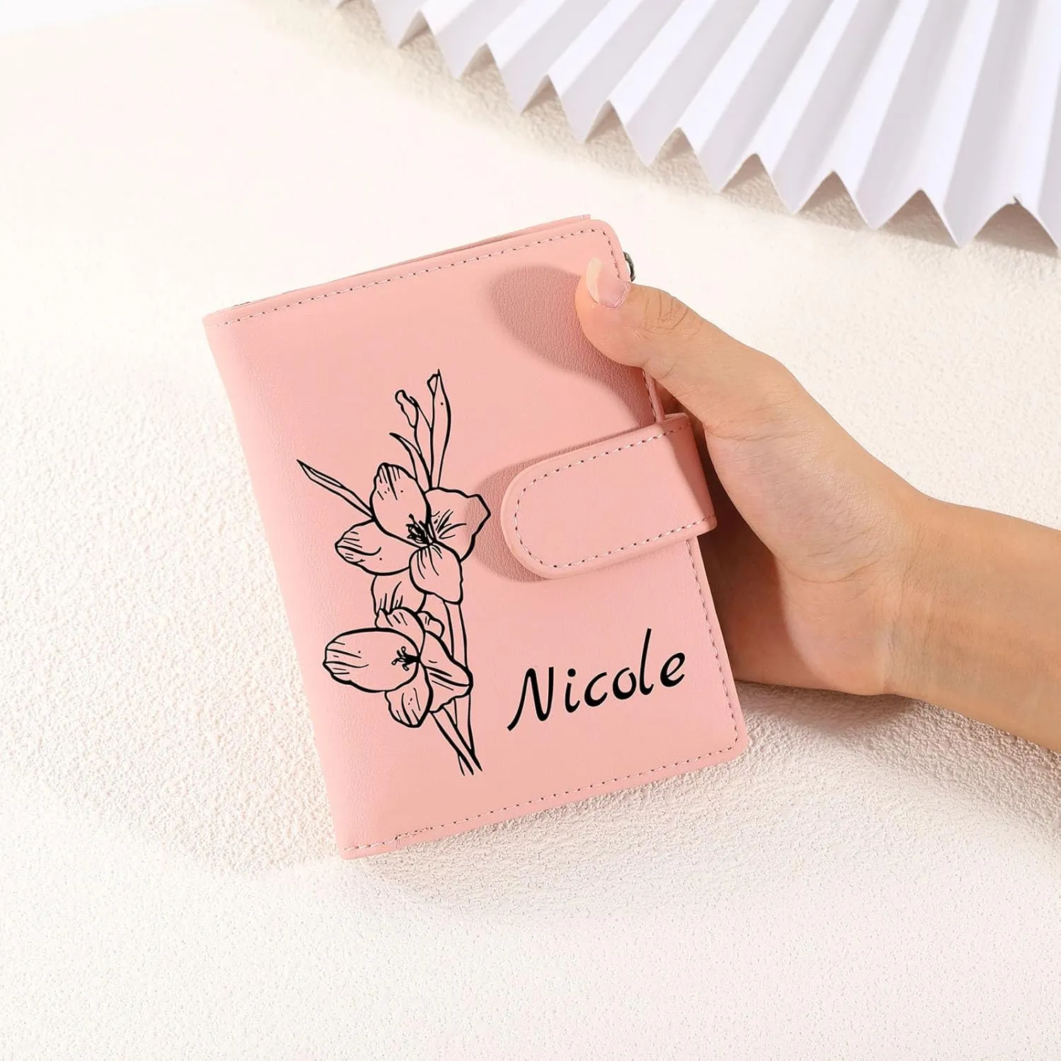 INBLUE Custom Leather Purse for Women Engraved Birth Flower with Name Ladies Wallet Small Tri-Fold Zipper Coin Purse with Wrist Strap Personalized Gift for Mom Mother's Day Birthday 02 - Pink