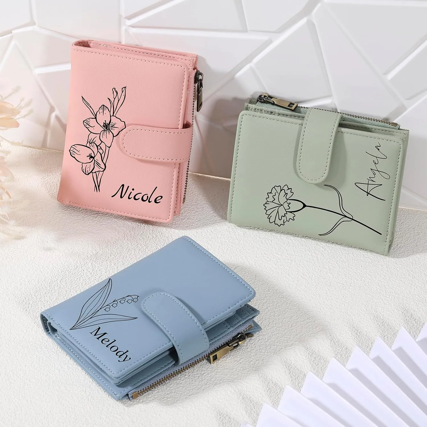 INBLUE Custom Leather Purse for Women Engraved Birth Flower with Name Ladies Wallet Small Tri-Fold Zipper Coin Purse with Wrist Strap Personalized Gift for Mom Mother's Day Birthday 02 - Pink