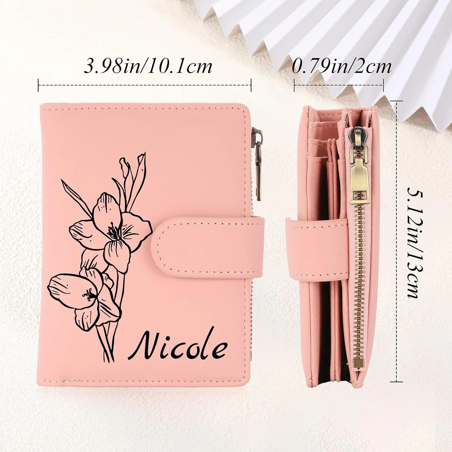 INBLUE Custom Leather Purse for Women Engraved Birth Flower with Name Ladies Wallet Small Tri-Fold Zipper Coin Purse with Wrist Strap Personalized Gift for Mom Mother's Day Birthday 02 - Pink
