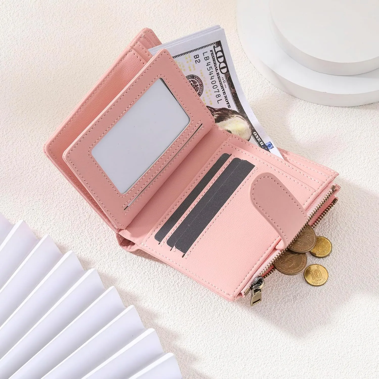 INBLUE Custom Leather Purse for Women Engraved Birth Flower with Name Ladies Wallet Small Tri-Fold Zipper Coin Purse with Wrist Strap Personalized Gift for Mom Mother's Day Birthday 02 - Pink
