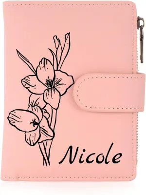 INBLUE Custom Leather Purse for Women Engraved Birth Flower with Name Ladies Wallet Small Tri-Fold Zipper Coin Purse with Wrist Strap Personalized Gift for Mom Mother's Day Birthday 02 - Pink