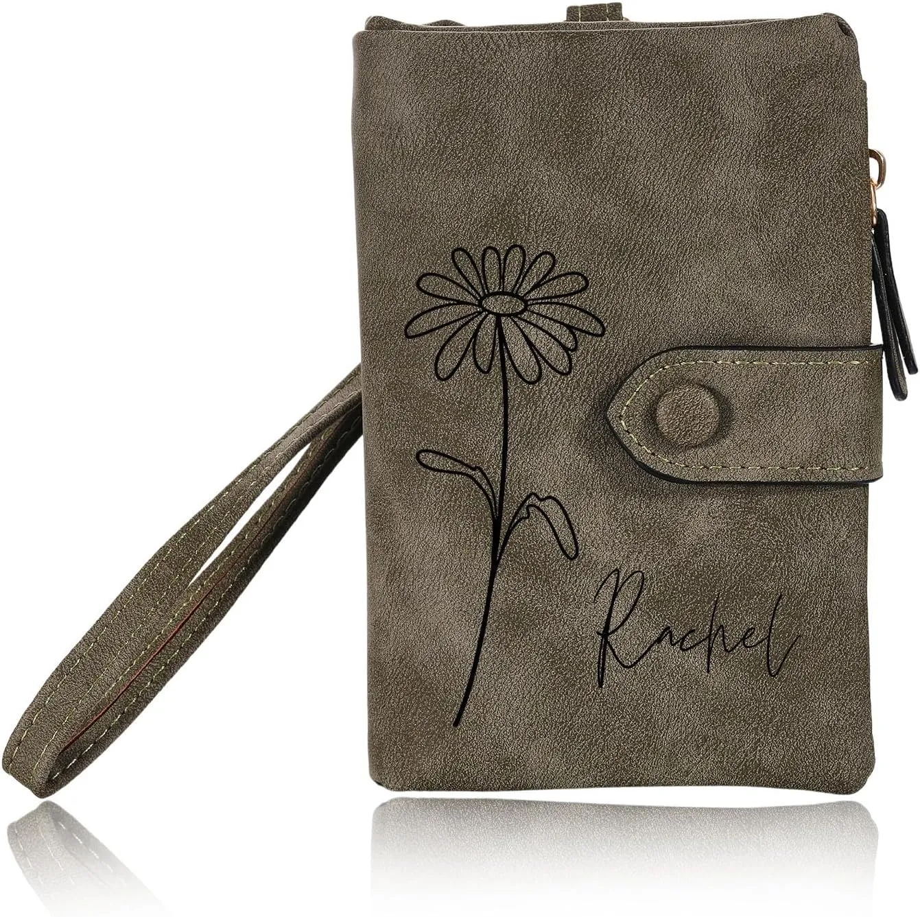 INBLUE Custom Leather Purse for Women Engraved Birth Flower with Name Ladies Wallet Small Tri-Fold Zipper Coin Purse with Wrist Strap Personalized Gift for Mom Mother's Day Birthday - Army Green