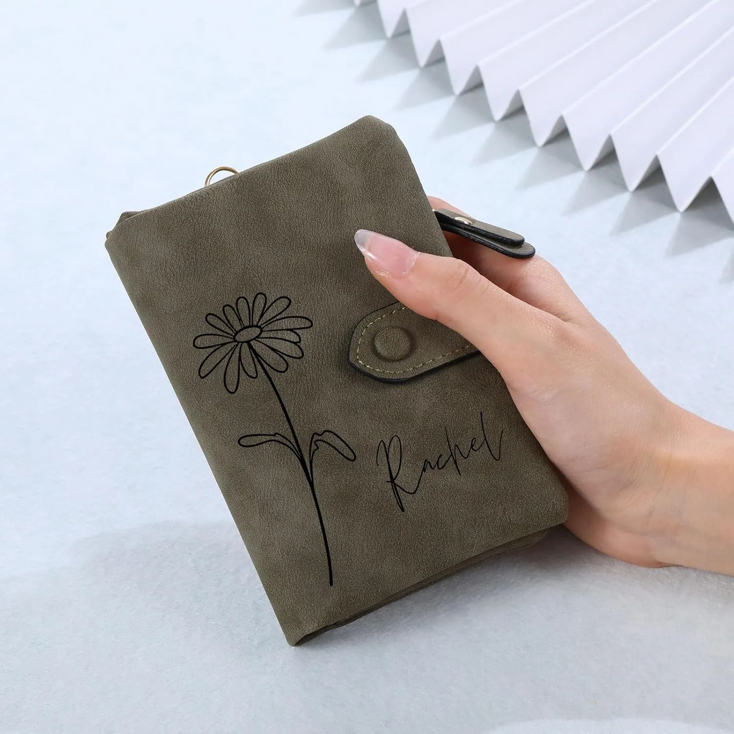 INBLUE Custom Leather Purse for Women Engraved Birth Flower with Name Ladies Wallet Small Tri-Fold Zipper Coin Purse with Wrist Strap Personalized Gift for Mom Mother's Day Birthday - Army Green