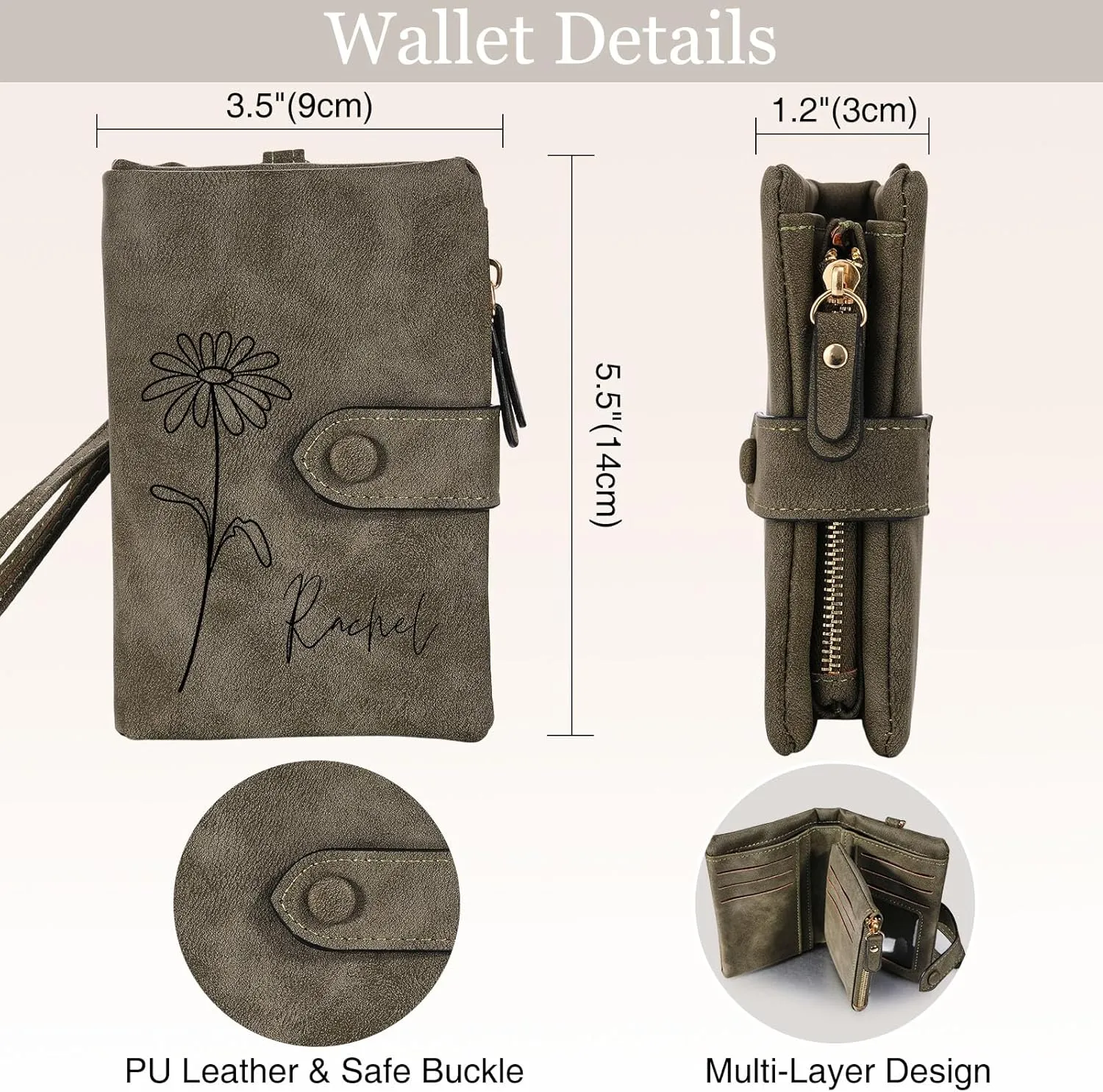 INBLUE Custom Leather Purse for Women Engraved Birth Flower with Name Ladies Wallet Small Tri-Fold Zipper Coin Purse with Wrist Strap Personalized Gift for Mom Mother's Day Birthday - Army Green