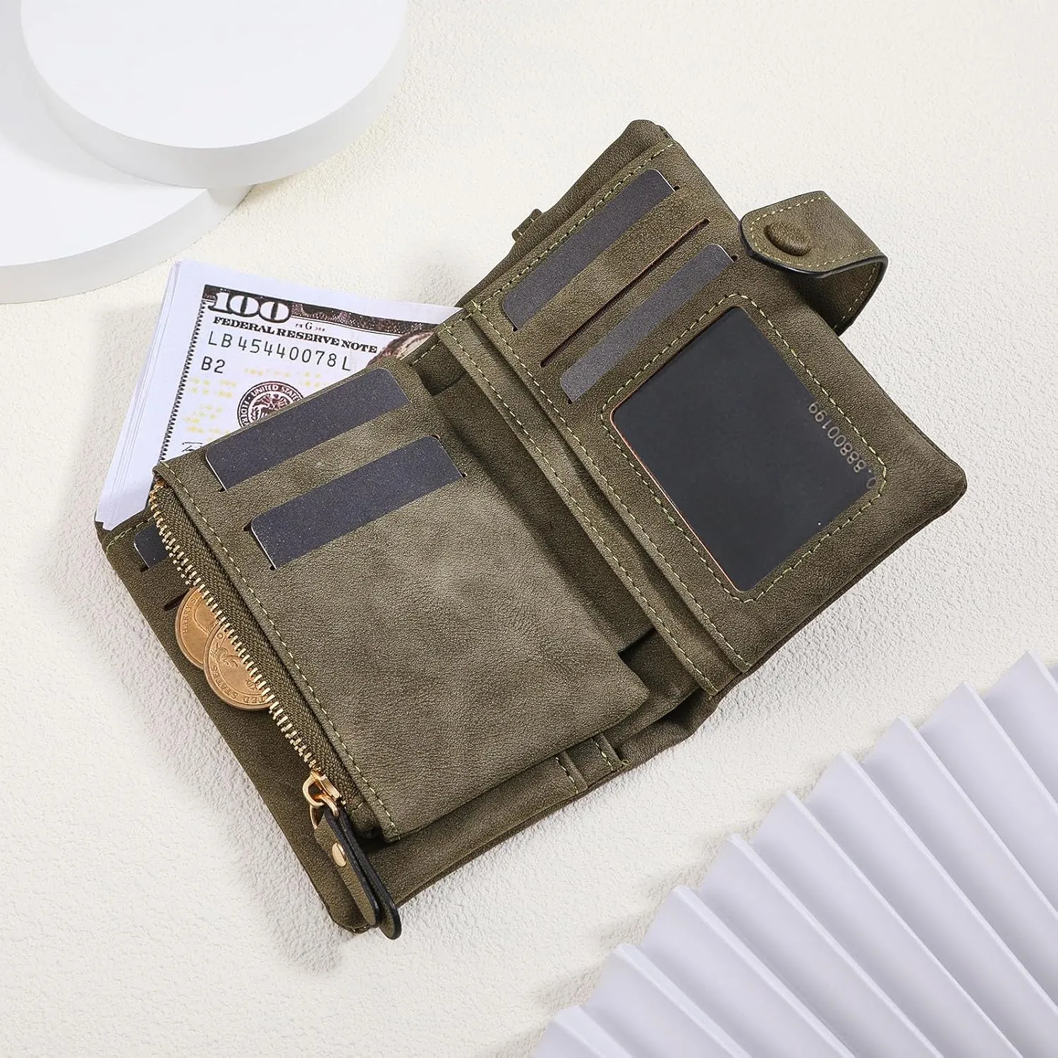 INBLUE Custom Leather Purse for Women Engraved Birth Flower with Name Ladies Wallet Small Tri-Fold Zipper Coin Purse with Wrist Strap Personalized Gift for Mom Mother's Day Birthday - Army Green