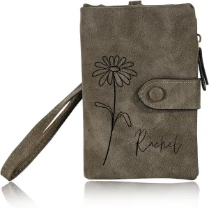 INBLUE Custom Leather Purse for Women Engraved Birth Flower with Name Ladies Wallet Small Tri-Fold Zipper Coin Purse with Wrist Strap Personalized Gift for Mom Mother's Day Birthday - Army Green