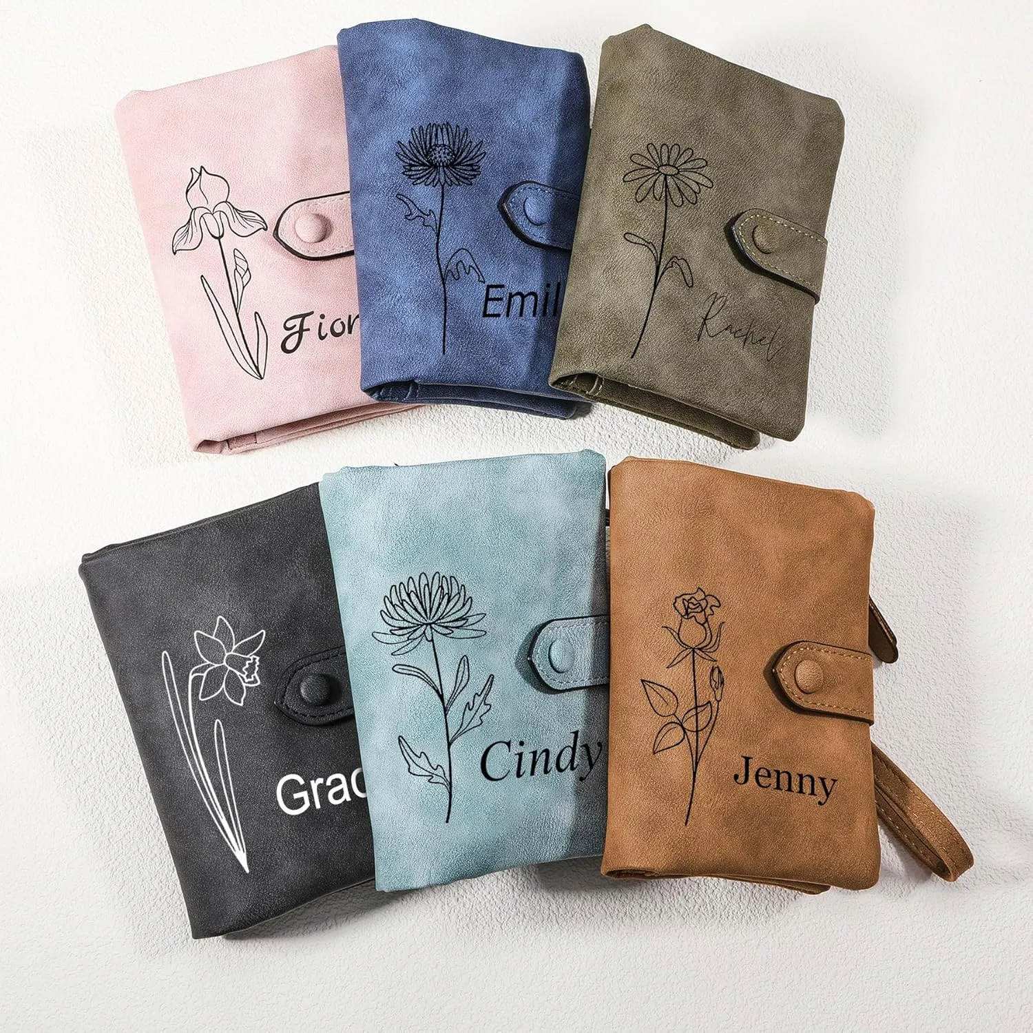 INBLUE Custom Leather Purse for Women Engraved Birth Flower with Name Ladies Wallet Small Tri-Fold Zipper Coin Purse with Wrist Strap Personalized Gift for Mom Mother's Day Birthday - Black