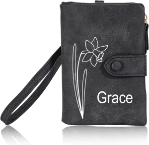 INBLUE Custom Leather Purse for Women Engraved Birth Flower with Name Ladies Wallet Small Tri-Fold Zipper Coin Purse with Wrist Strap Personalized Gift for Mom Mother's Day Birthday - Black