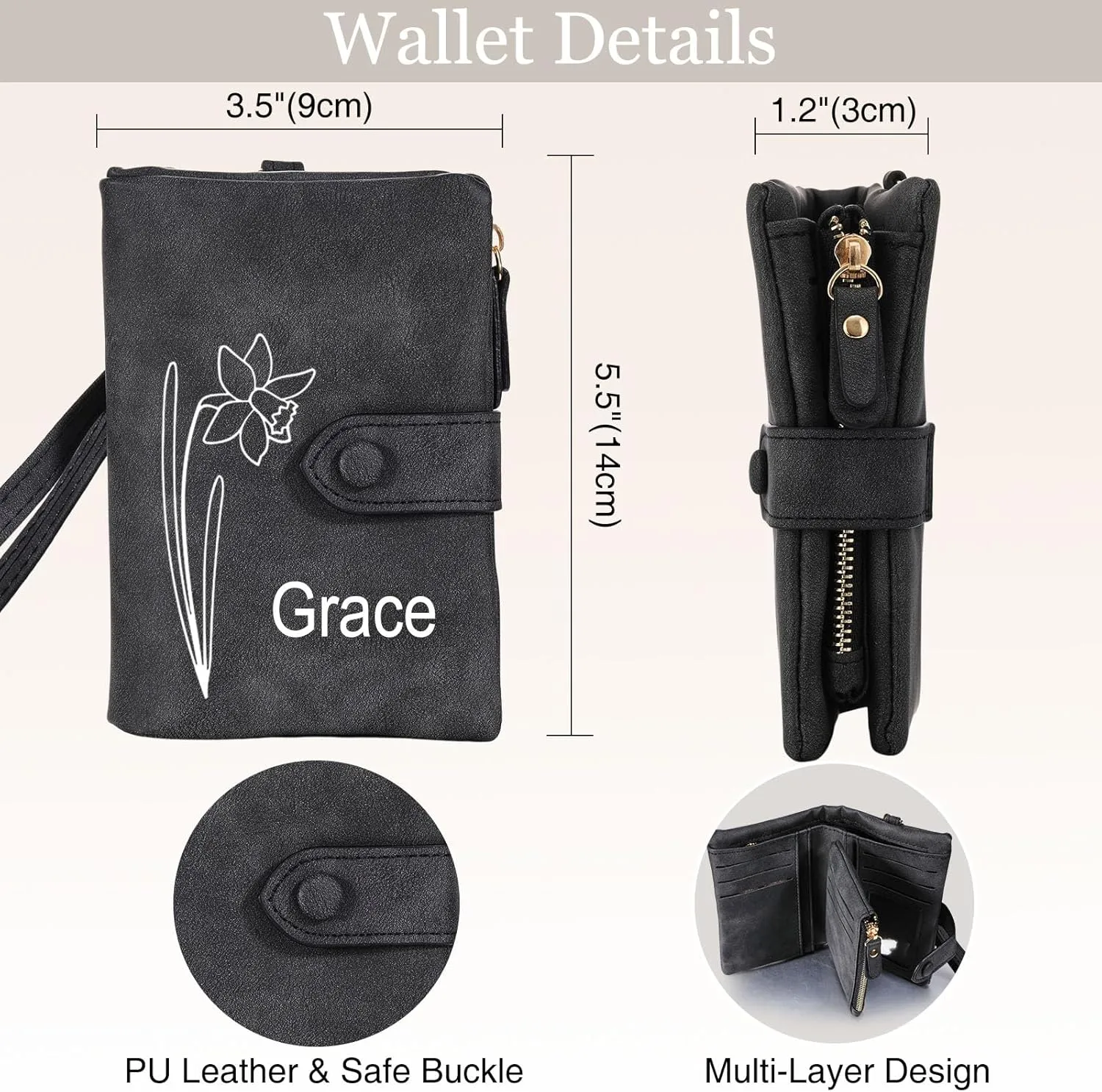 INBLUE Custom Leather Purse for Women Engraved Birth Flower with Name Ladies Wallet Small Tri-Fold Zipper Coin Purse with Wrist Strap Personalized Gift for Mom Mother's Day Birthday - Black