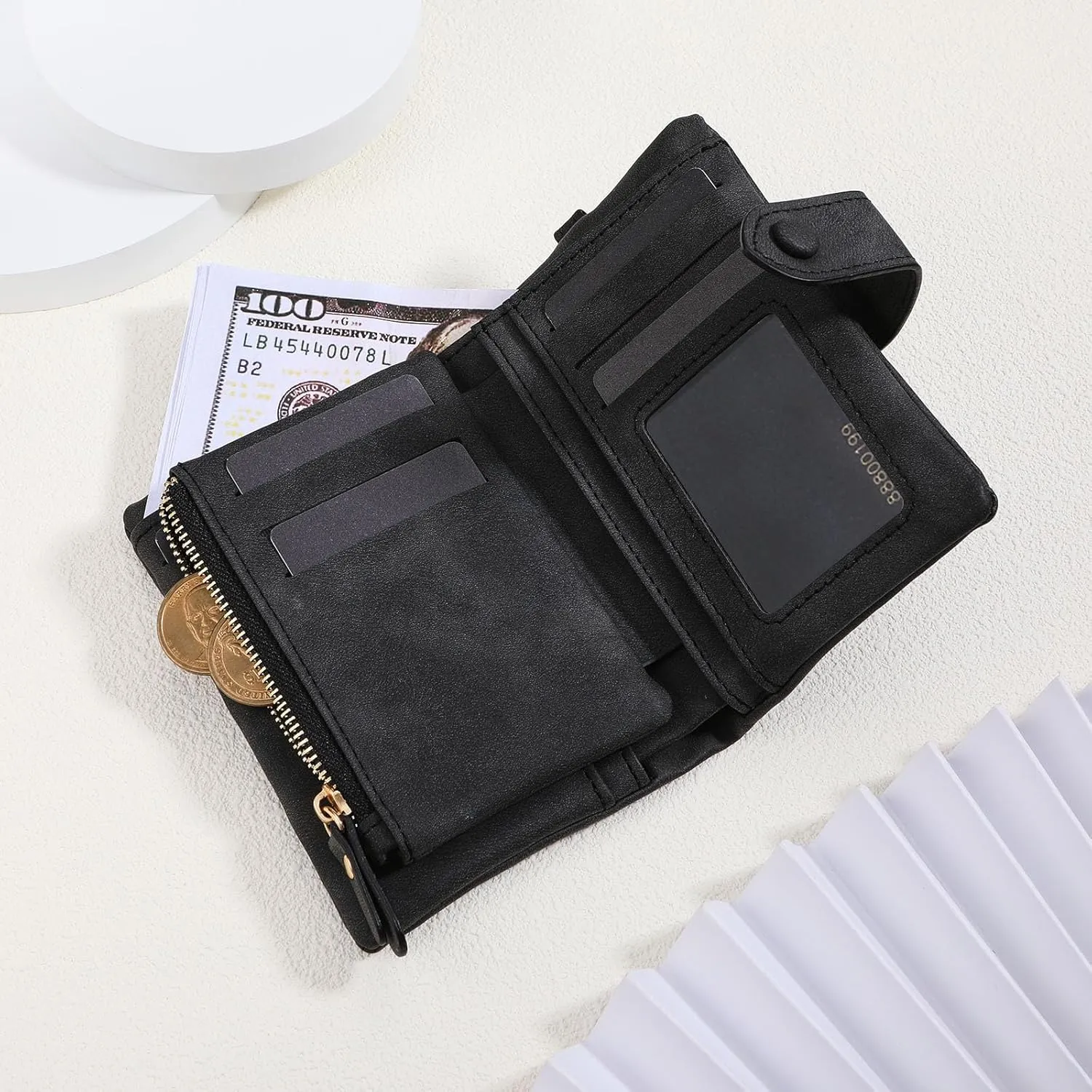INBLUE Custom Leather Purse for Women Engraved Birth Flower with Name Ladies Wallet Small Tri-Fold Zipper Coin Purse with Wrist Strap Personalized Gift for Mom Mother's Day Birthday - Black